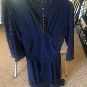 Deep Blue Long Sleeve Dress with Rouched Centerpiece